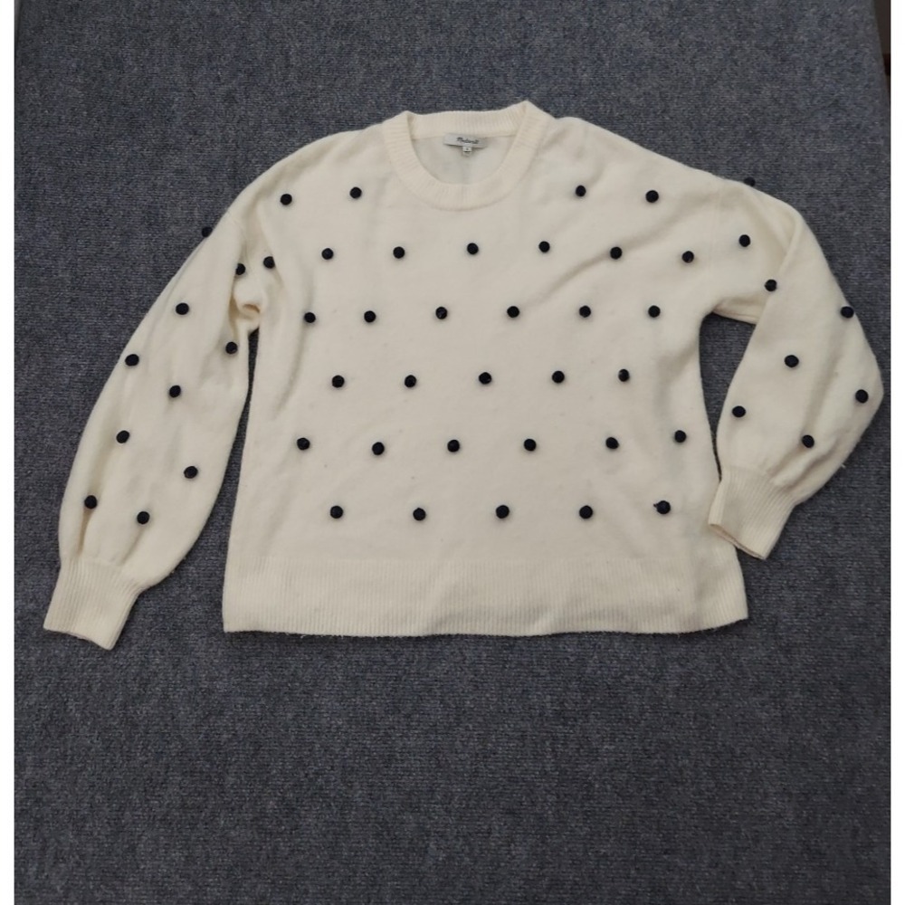 Madewell Sweater Womens Small Beige Black Polka Dot Knit Balls Merino Wool Blend